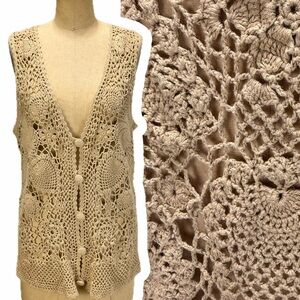 VINTAGE crochet open hole floral sweater cardigan vest neutral natural hunt club